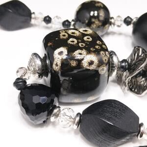 Long Black Art Glass & Wooden Beaded Mesh Necklace, 34 Inches, Signed CJ Banks